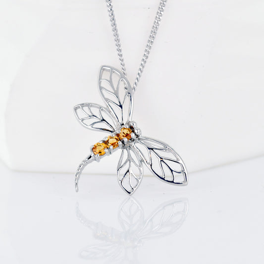 Citrine Necklace Dragonfly Pendant Sterling Silver 925 November Birthstone
