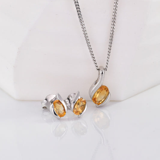 Citrine Necklace Earring Set 0.91ct Silver Stud Yellow Pendant 18'' November Birthstone