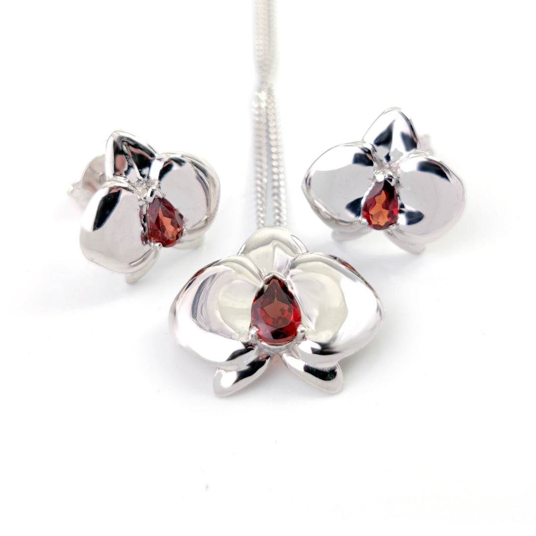 set garnet necklace earrings silver orchid pendant stud 0.75ct january birthstone designed in the UK