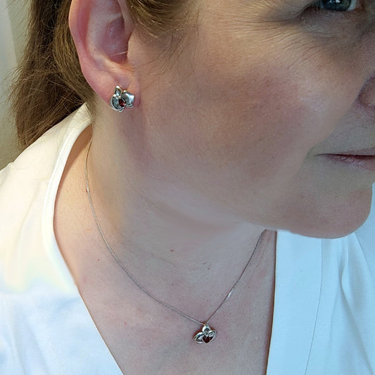 Set Garnet Necklace Earrings Silver Orchid Pendant Stud 0.75ct January Birthstone