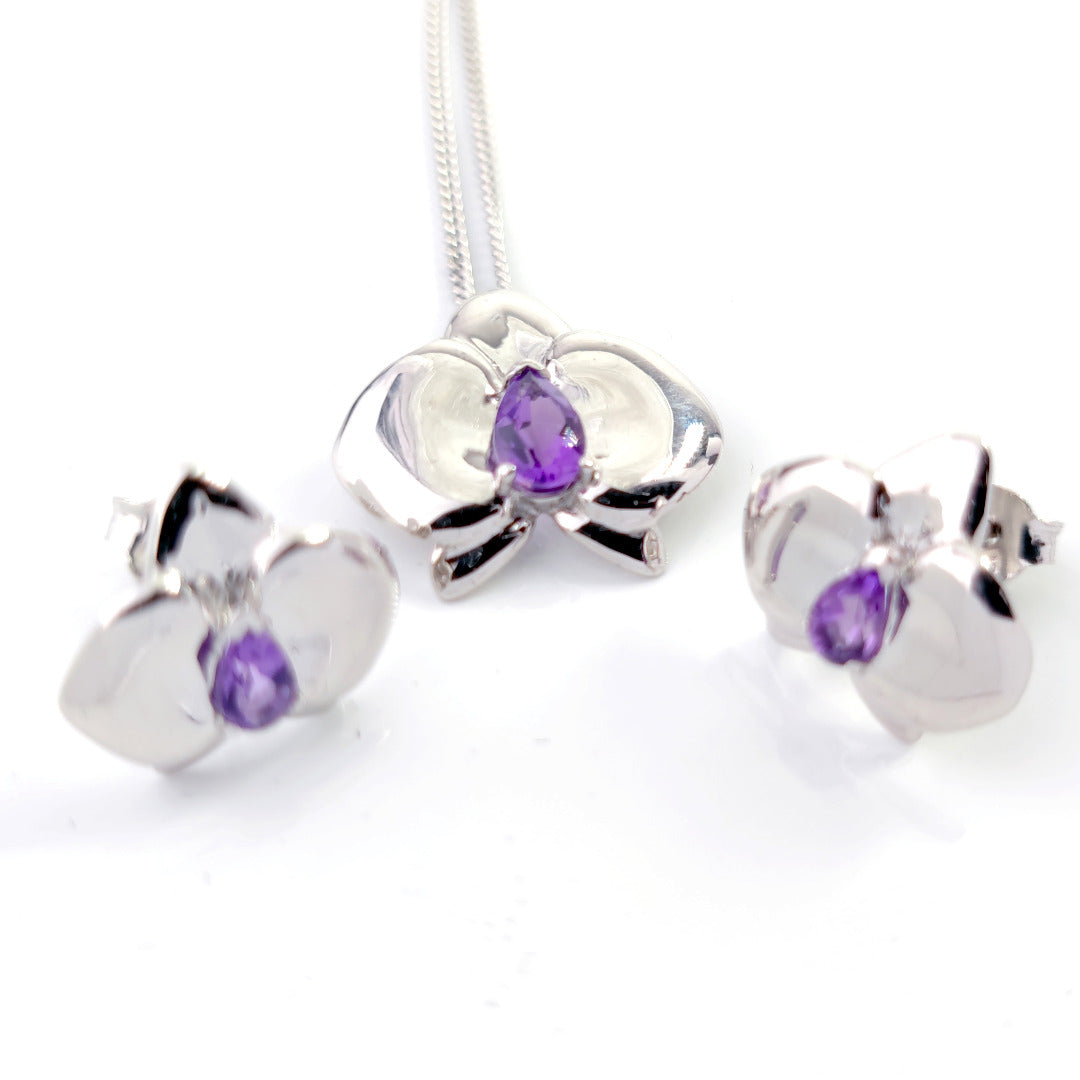 set amethyst necklace earrings silver orchid pendant stud 0.75ct february birthstone designed in the UK
