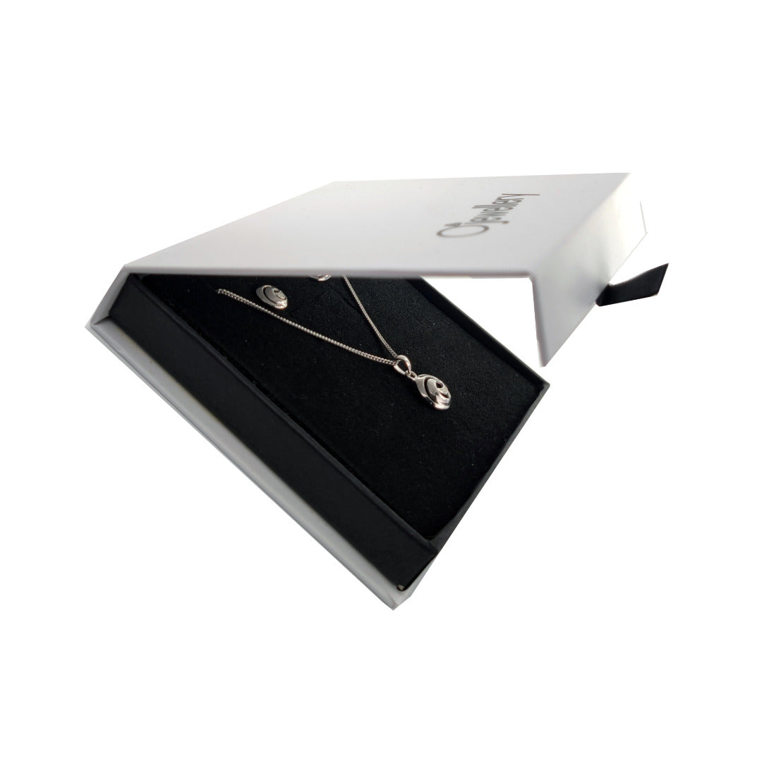 Diamond Necklace Earring Set Swirl Silver 18'' Chain April Birthstone
