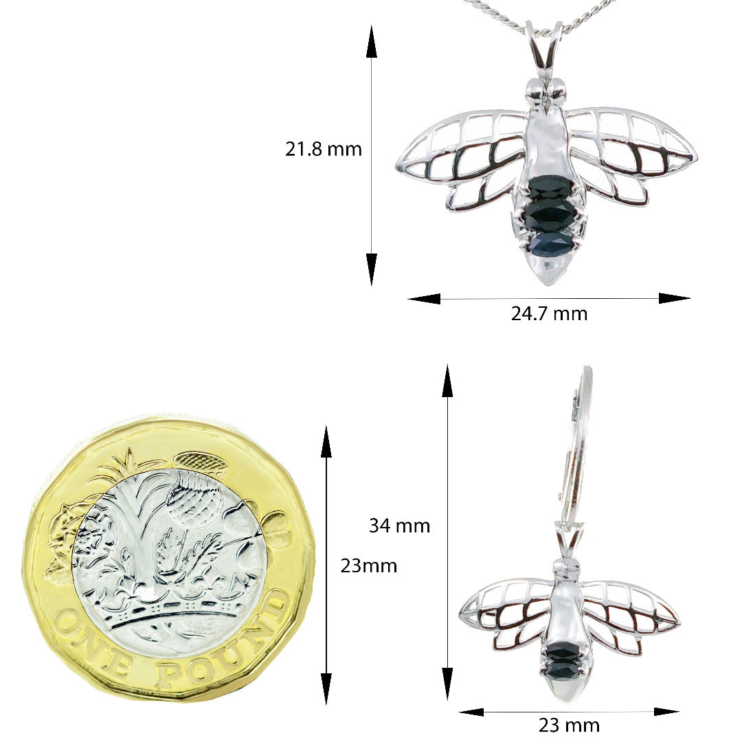 Sapphire Pendant Dangle Earring Set Bee 0.97ct Blue Sterling Silver