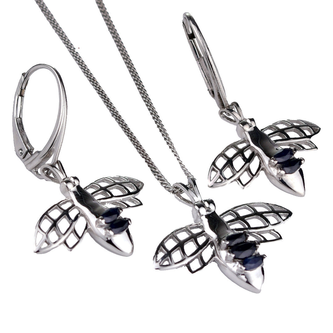 Sapphire Pendant Dangle Earring Set Bee 0.97ct Blue Sterling Silver