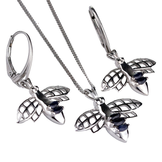 Sapphire Pendant Dangle Earring Set Bee 0.97ct Blue Sterling Silver