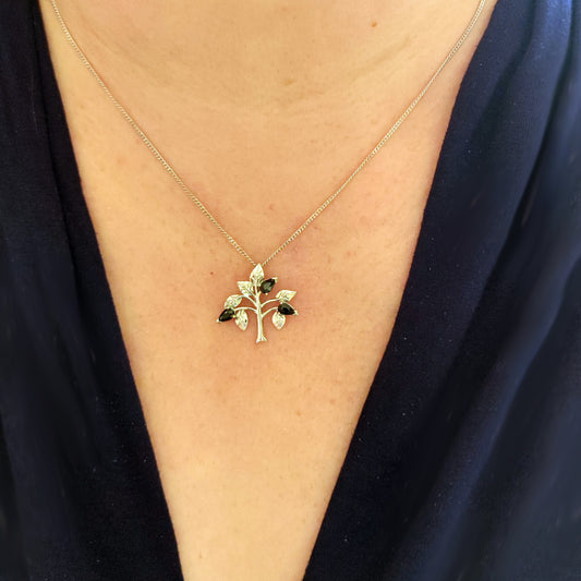 Sapphire Necklace Earring Set 1.75ct Blue Tree of Life Leaves Silver December Birthstone