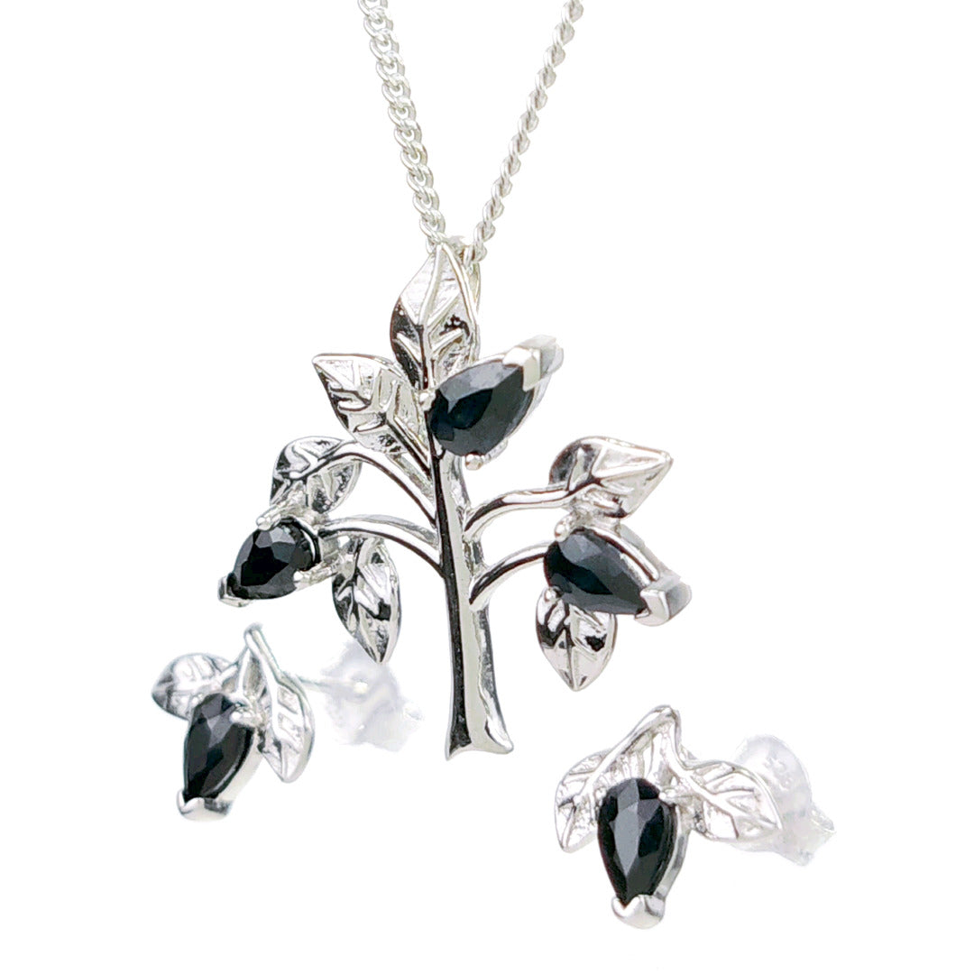 Sapphire Necklace Earring Set 1.75ct Blue Tree of Life Leaves Silver December Birthstone