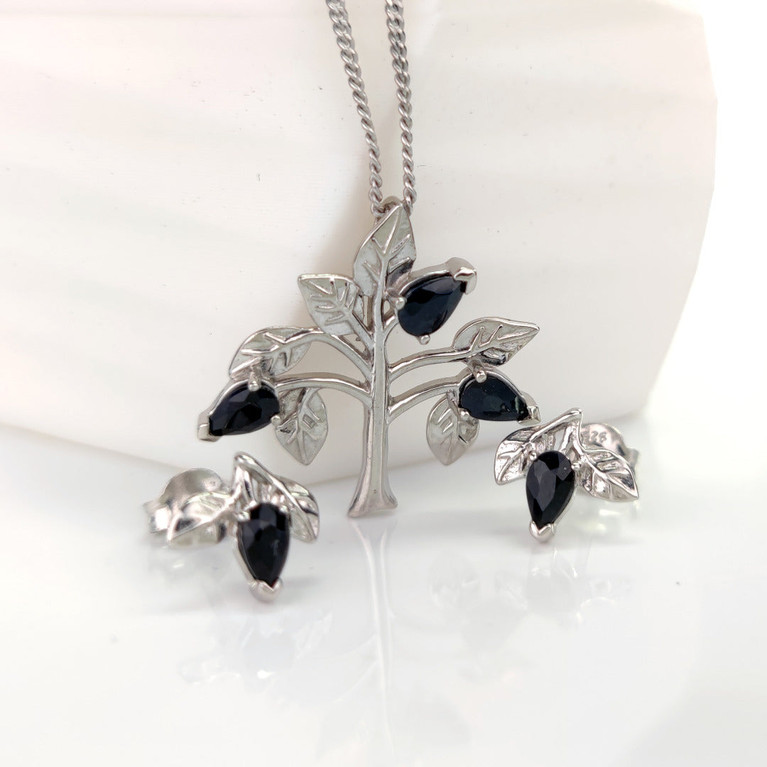 Sapphire Necklace Earring Set 1.75ct Blue Tree of Life Leaves Silver December Birthstone