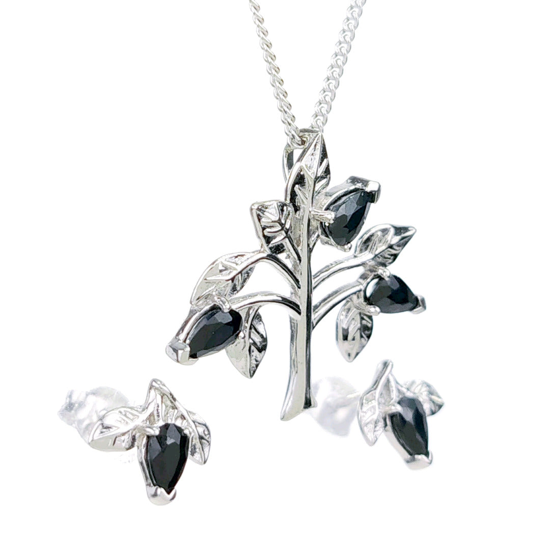 Sapphire Necklace Earring Set 1.75ct Blue Tree of Life Leaves Silver December Birthstone