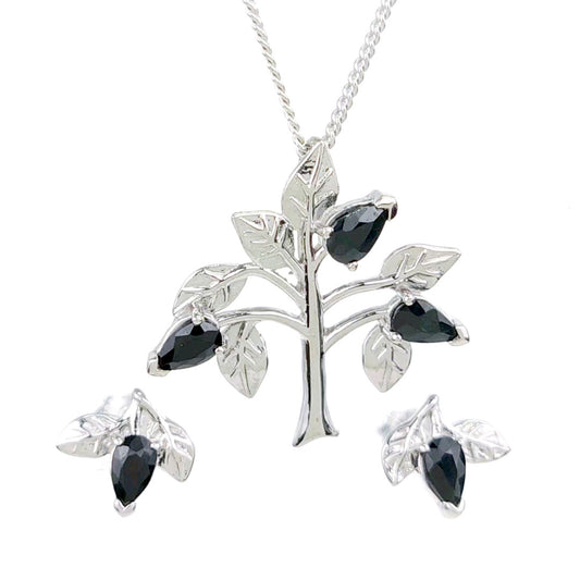 Sapphire Necklace Earring Set 1.75ct Blue Tree of Life Leaves Silver December Birthstone