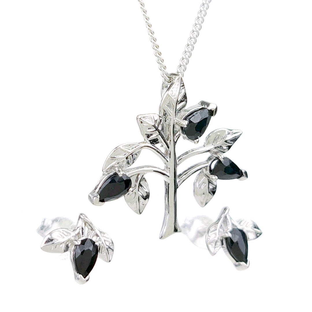 Sapphire Necklace Earring Set 1.75ct Blue Tree of Life Leaves Silver December Birthstone