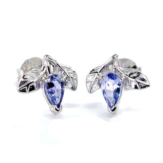 Tanzanite Earrings 0.4ct Pear Blue Leaf Studs Sterling Silver