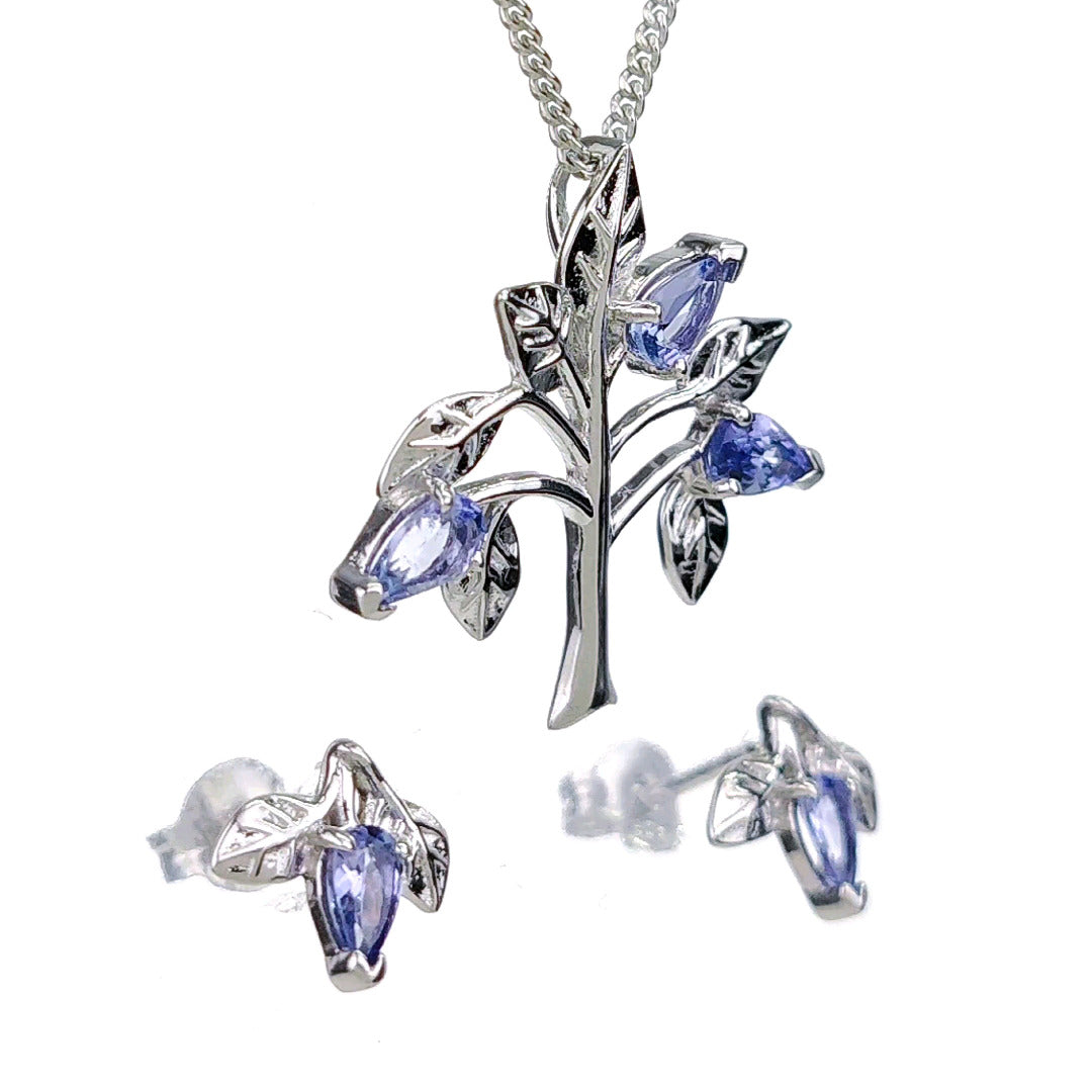 Tanzanite Necklace Earring Set 1ct Pear Blue Tree of Life Leaves Sterling Silver