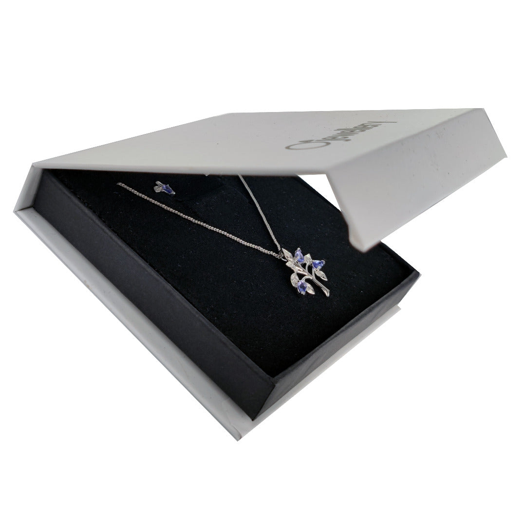 Tanzanite Necklace Earring Set 1ct Pear Blue Tree of Life Leaves Sterling Silver
