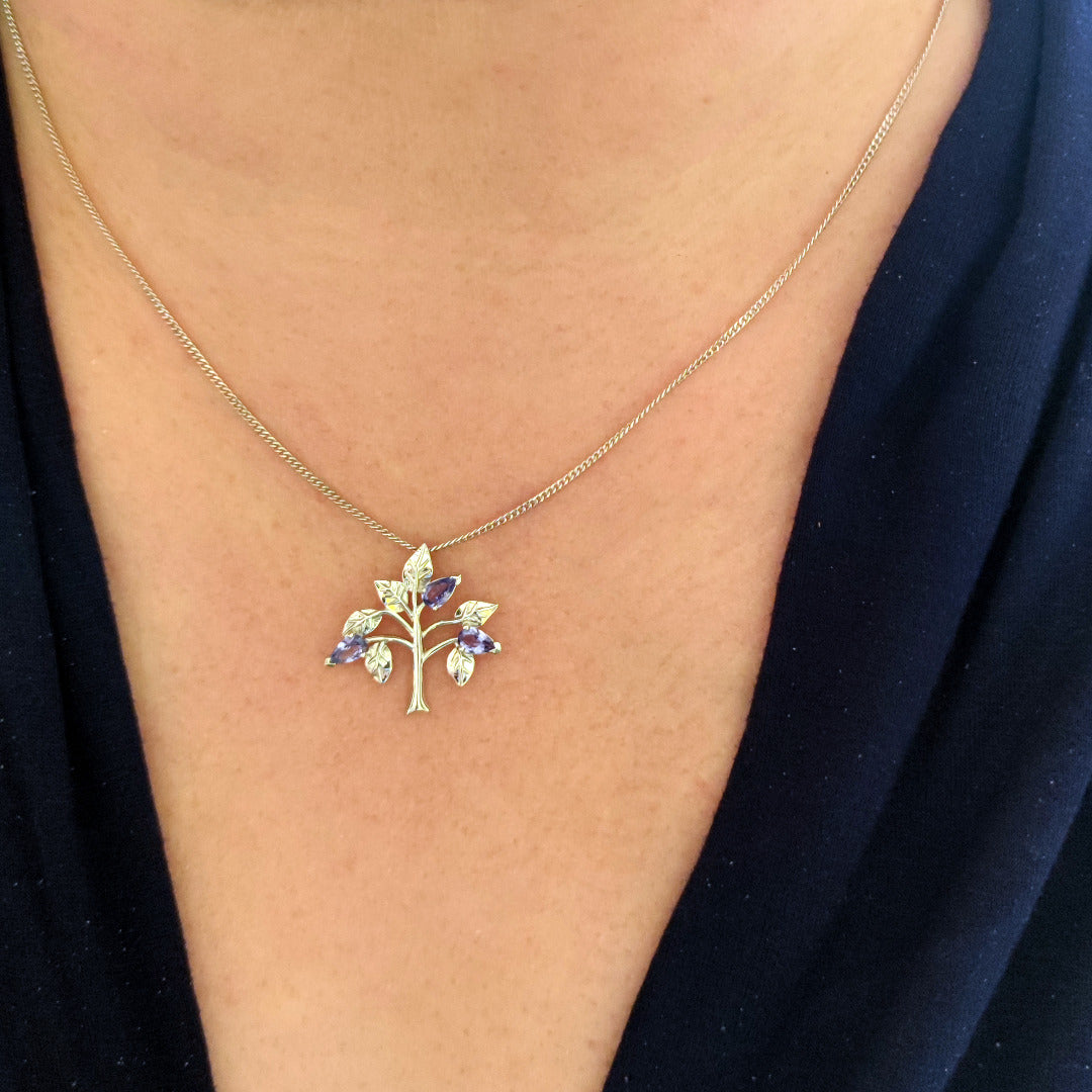 Tanzanite Necklace Earring Set 1ct Pear Blue Tree of Life Leaves Sterling Silver