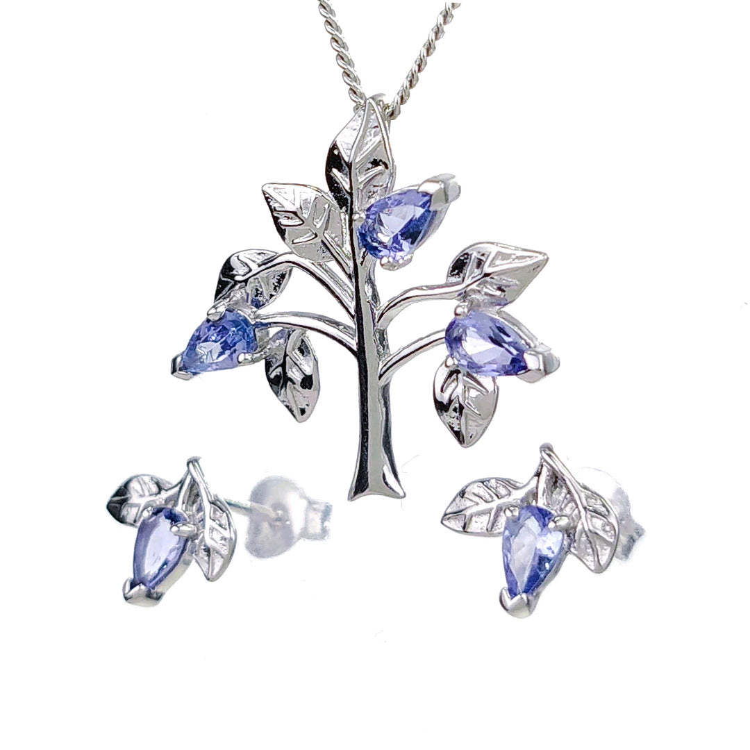 Tanzanite Necklace Earring Set 1ct Pear Blue Tree of Life Leaves Sterling Silver
