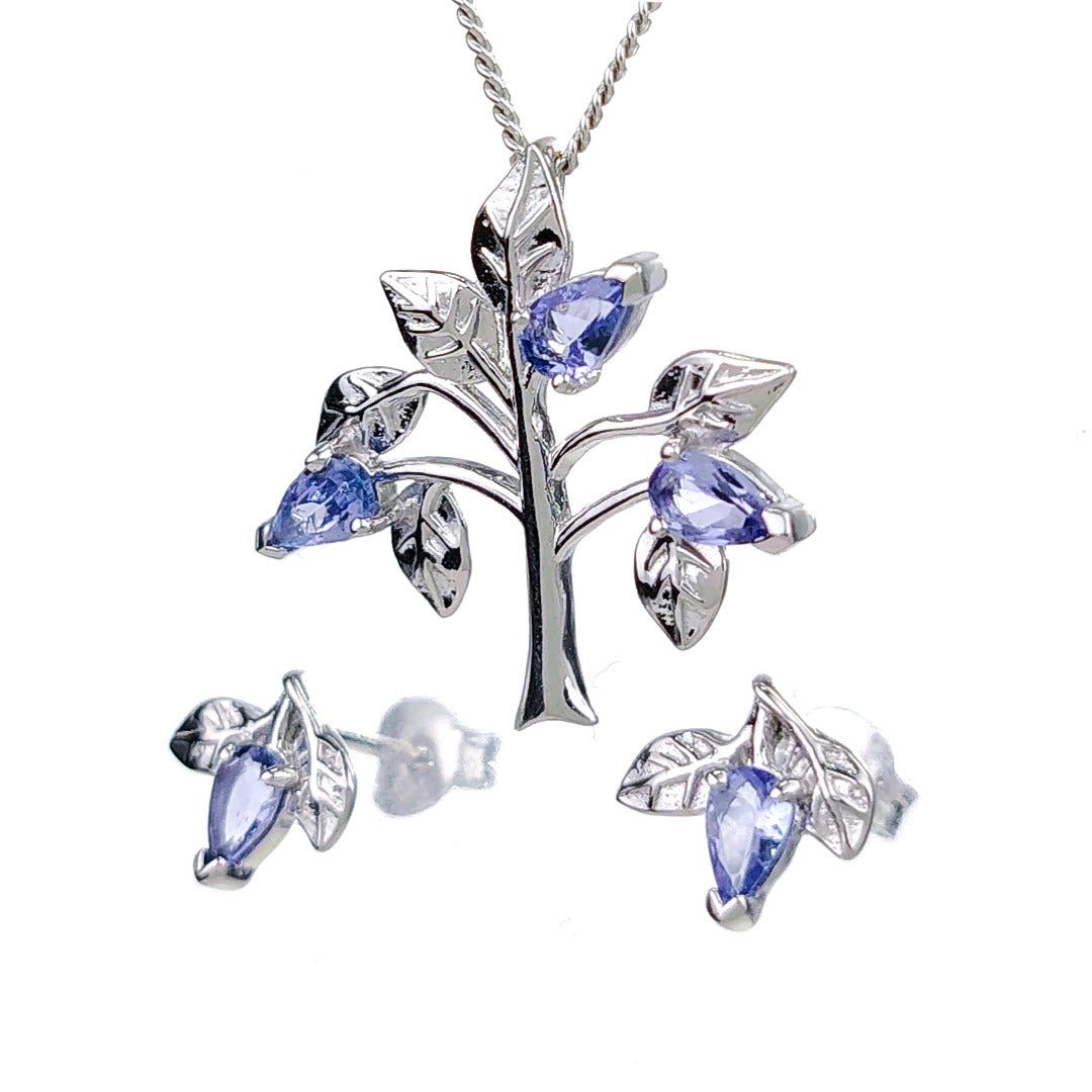 Tanzanite Necklace Earring Set 1ct Pear Blue Tree of Life Leaves Sterling Silver