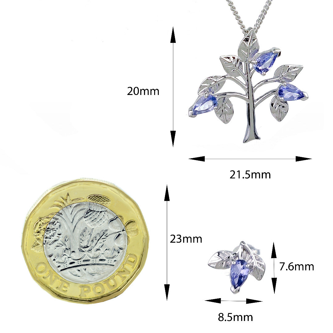 Tanzanite Necklace Earring Set 1ct Pear Blue Tree of Life Leaves Sterling Silver