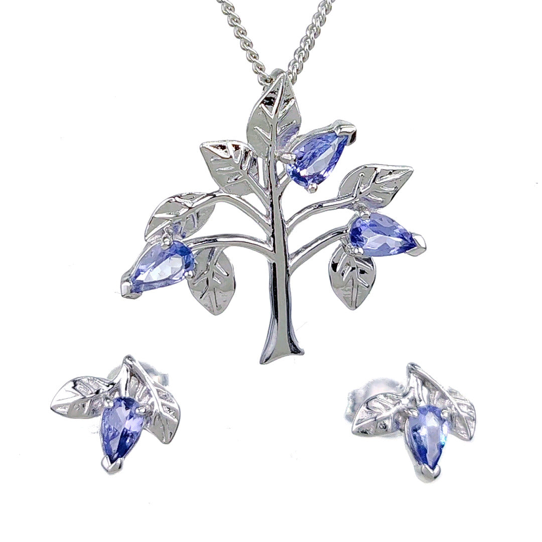 Tanzanite Necklace Earring Set 1ct Pear Blue Tree of Life Leaves Sterling Silver