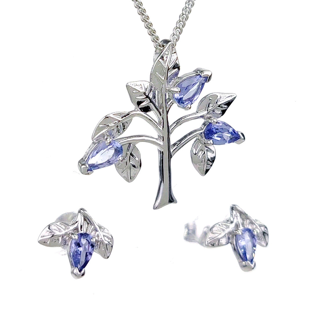 Tanzanite Necklace Earring Set 1ct Pear Blue Tree of Life Leaves Sterling Silver