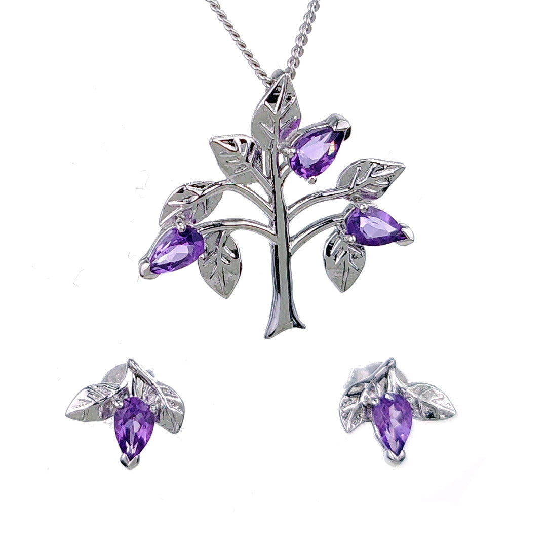 Amethyst Purple Tree of Life Leaves Necklace Earring Set