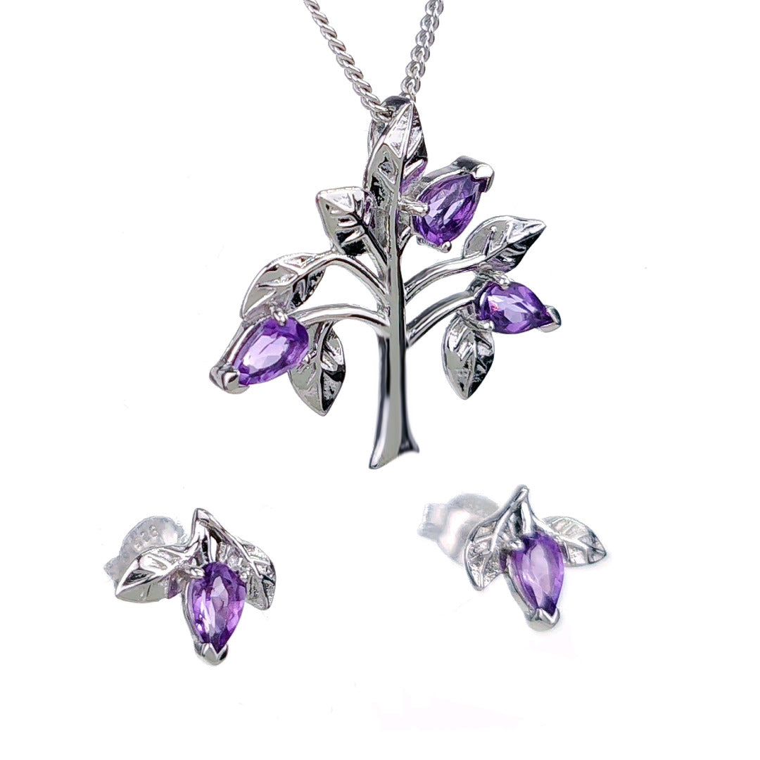 Amethyst Purple Tree of Life Leaves Necklace Earring Set