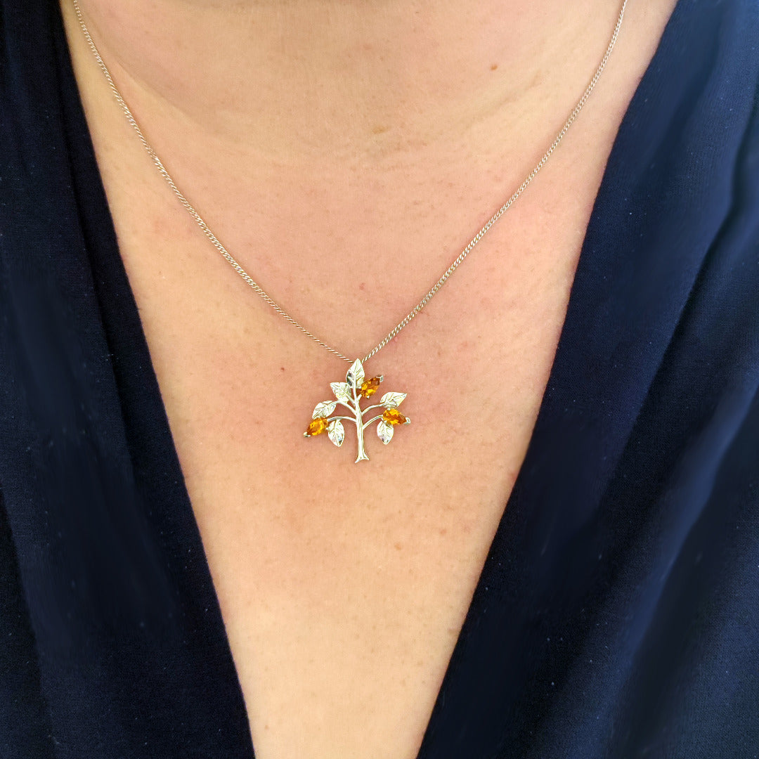 Citrine Necklace Earring Set 1ct Yellow Tree of Life Leaves Silver November Birthstone