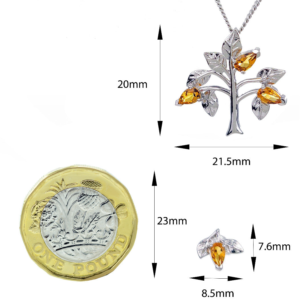 Citrine Necklace Earring Set 1ct Yellow Tree of Life Leaves Silver November Birthstone