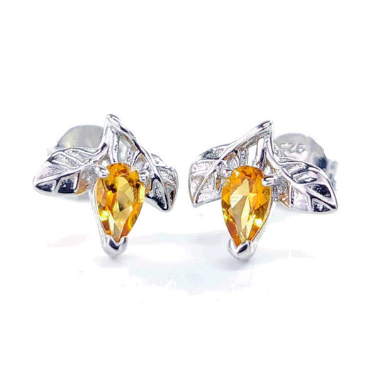 Citrine Earrings 0.4ct Yellow Leaf Detail Studs Silver November Birthstone