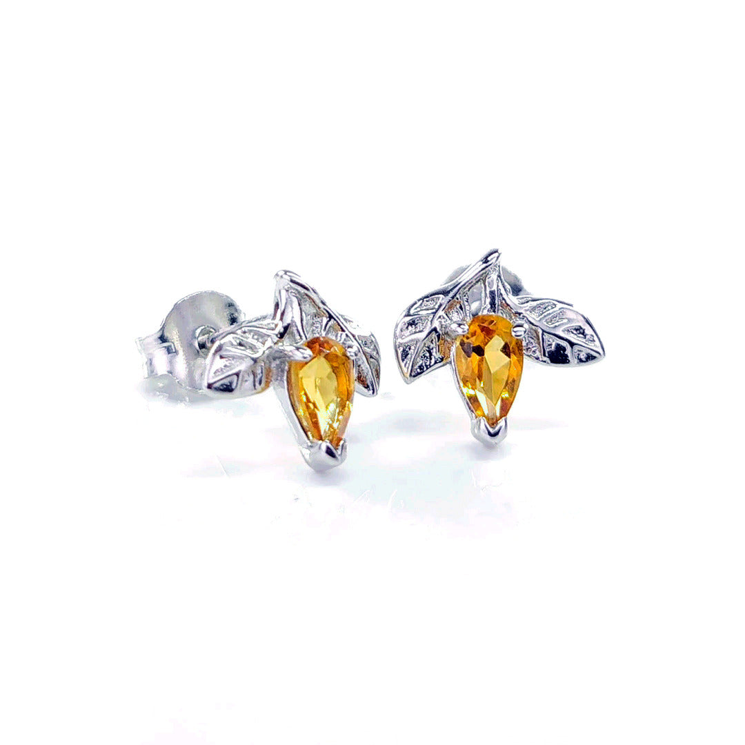Citrine Earrings 0.4ct Yellow Leaf Detail Studs Silver November Birthstone