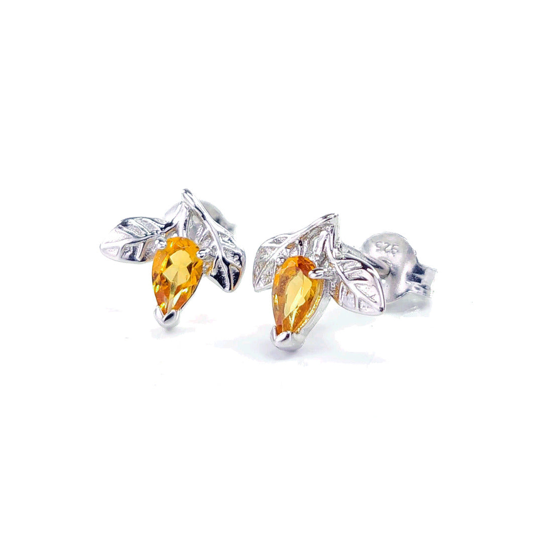 Citrine Earrings 0.4ct Yellow Leaf Detail Studs Silver November Birthstone
