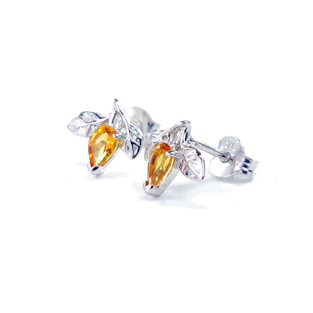 Citrine Earrings 0.4ct Yellow Leaf Detail Studs Silver November Birthstone