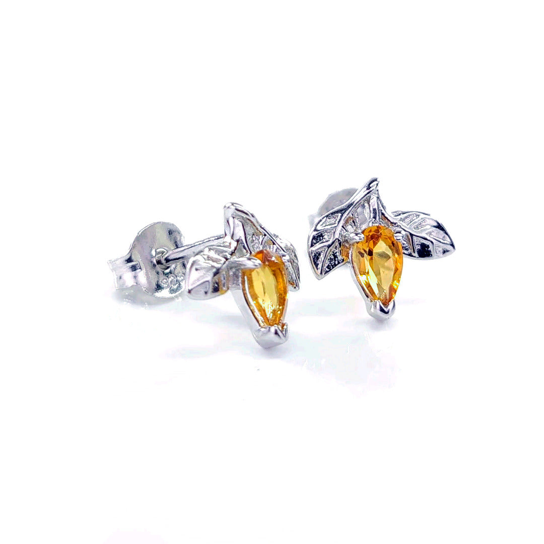 Citrine Earrings 0.4ct Yellow Leaf Detail Studs Silver November Birthstone