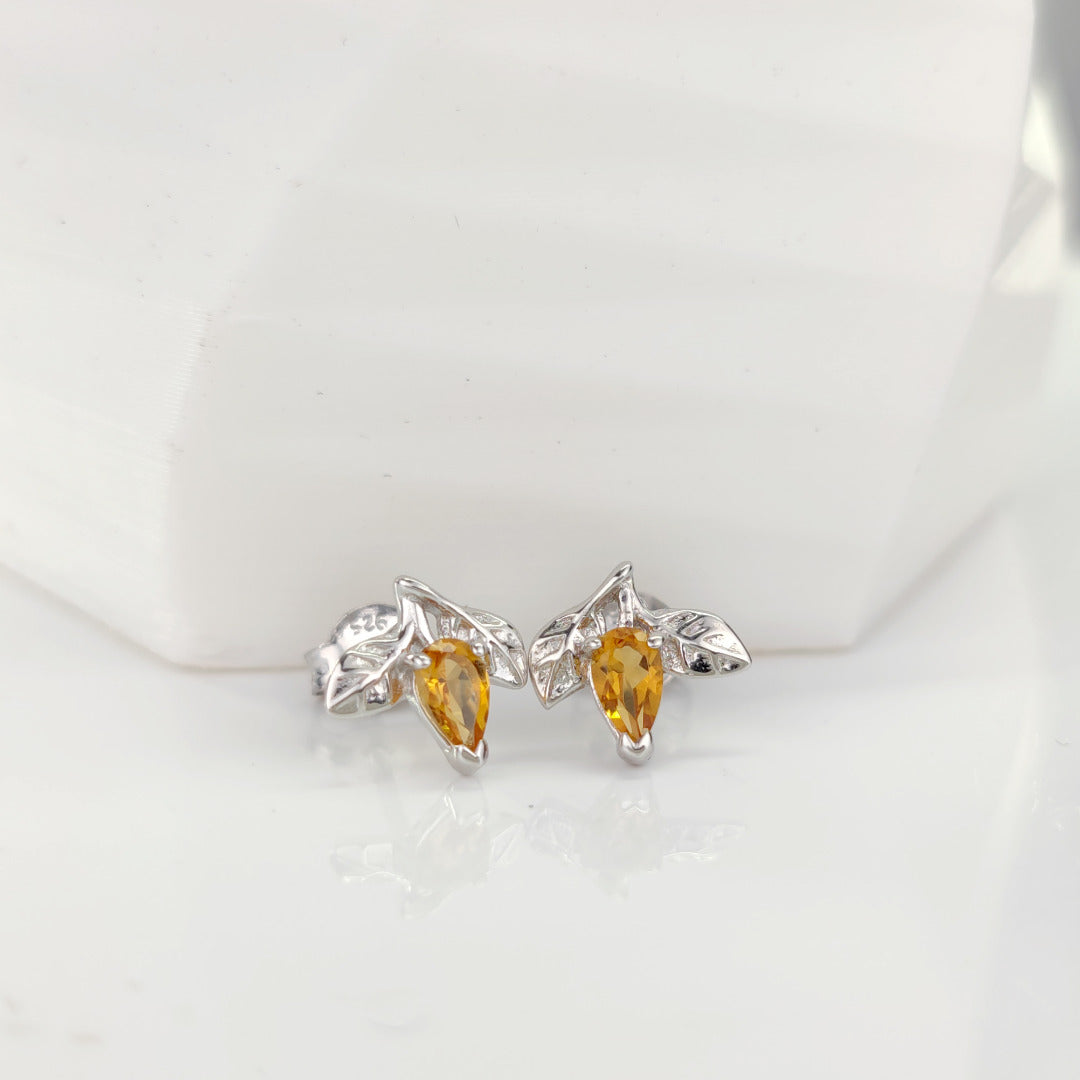Citrine Earrings 0.4ct Yellow Leaf Detail Studs Silver November Birthstone