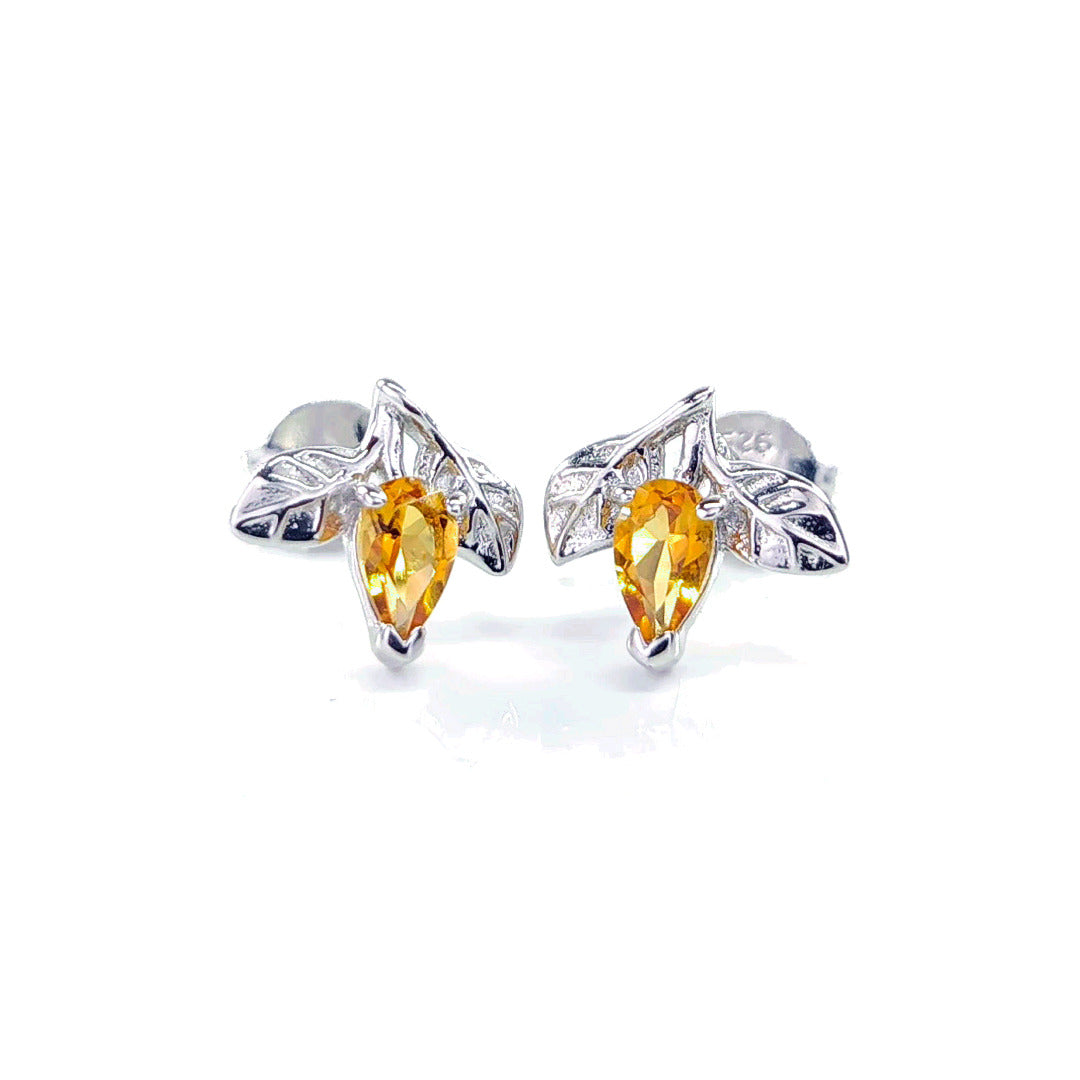 Citrine Earrings 0.4ct Yellow Leaf Detail Studs Silver November Birthstone