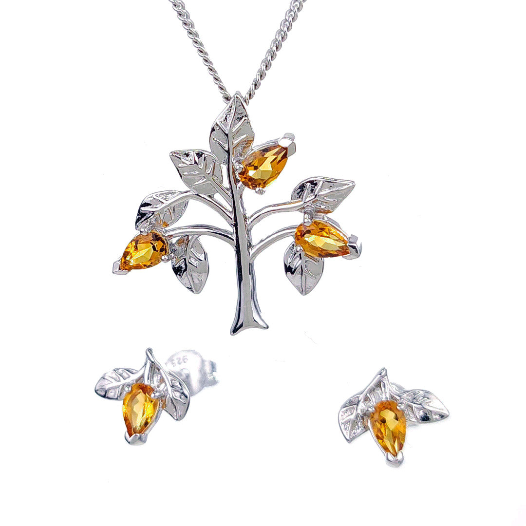 Citrine Necklace Earring Set 1ct Yellow Tree of Life Leaves Silver November Birthstone
