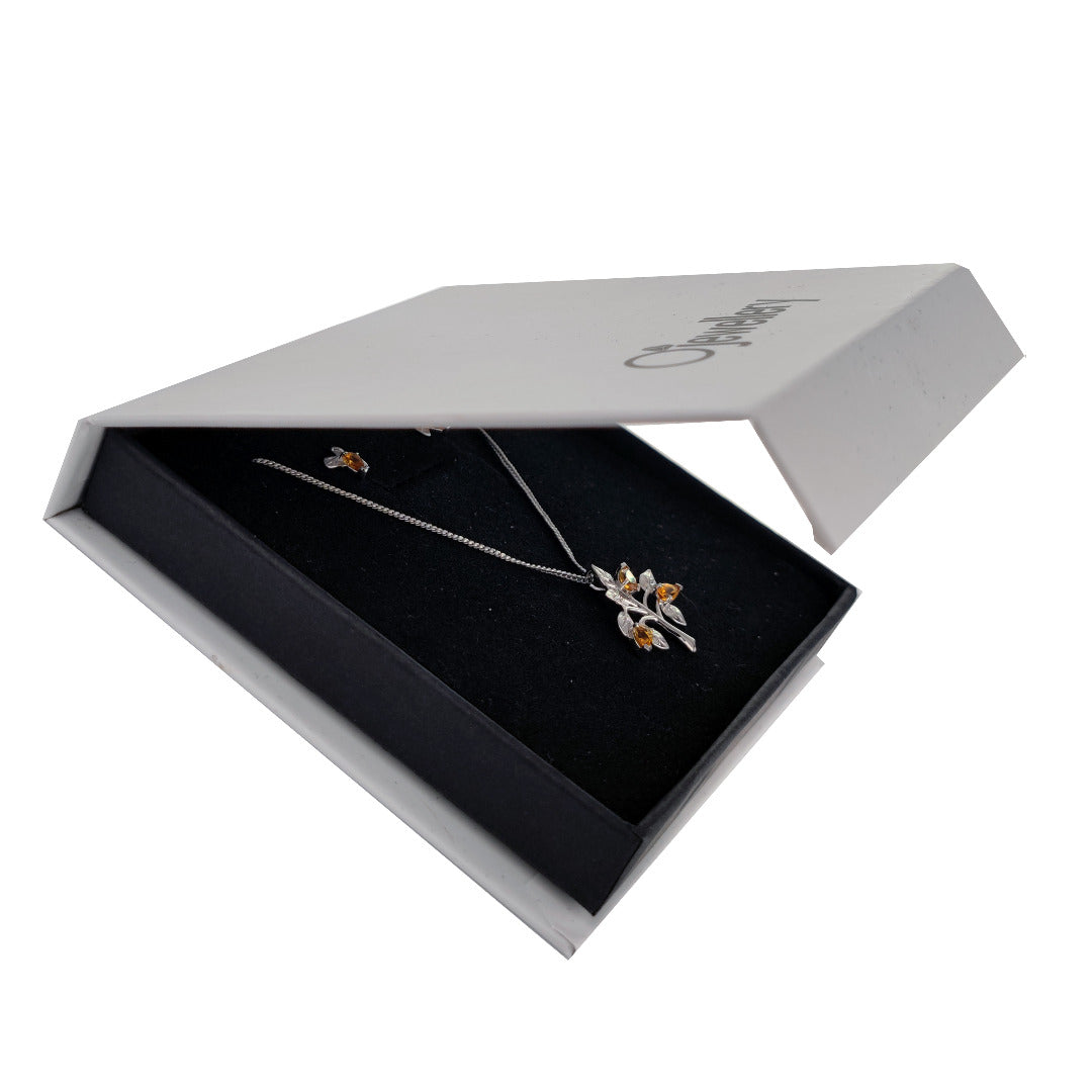 Citrine Necklace Earring Set 1ct Yellow Tree of Life Leaves Silver November Birthstone