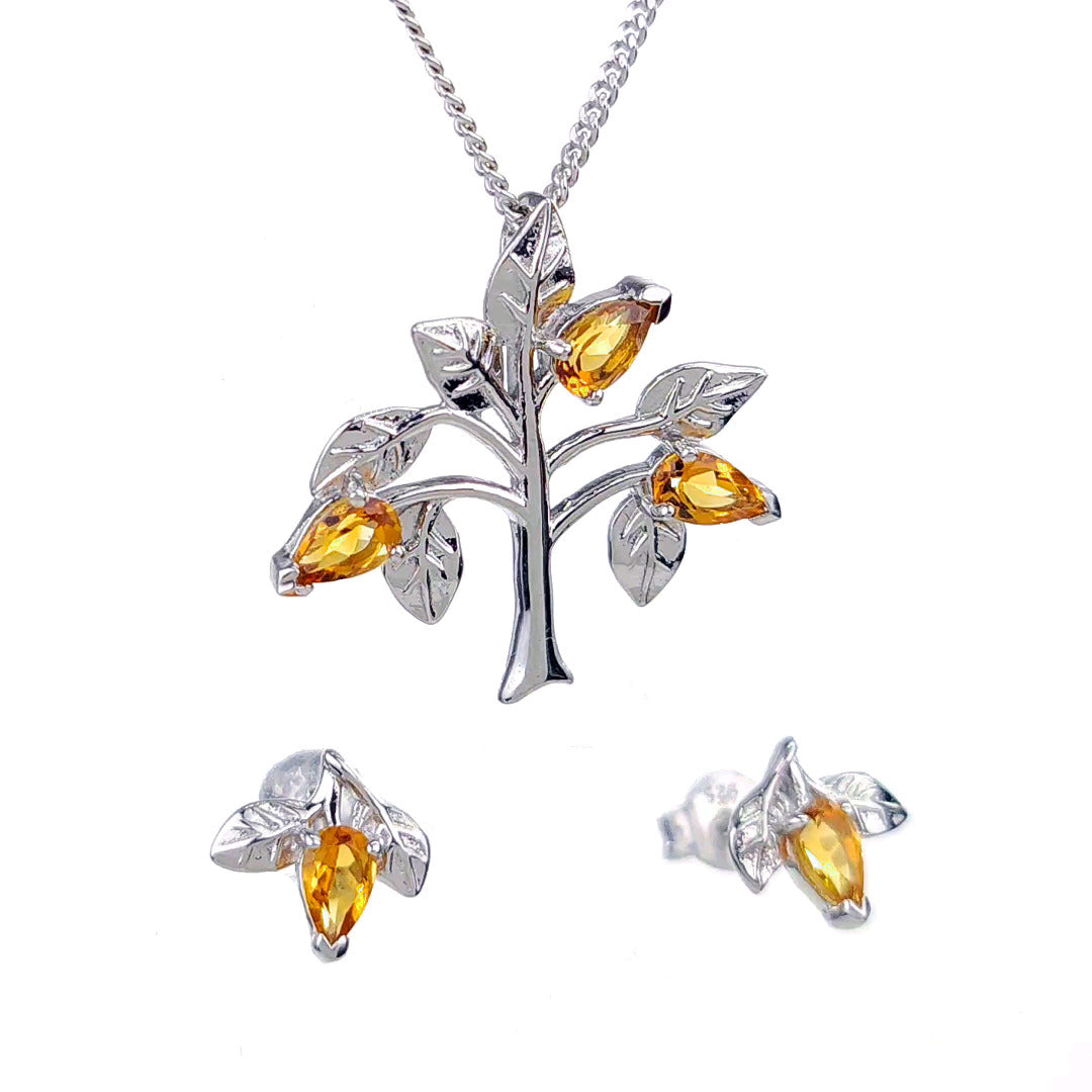 Citrine Necklace Earring Set 1ct Yellow Tree of Life Leaves Silver November Birthstone
