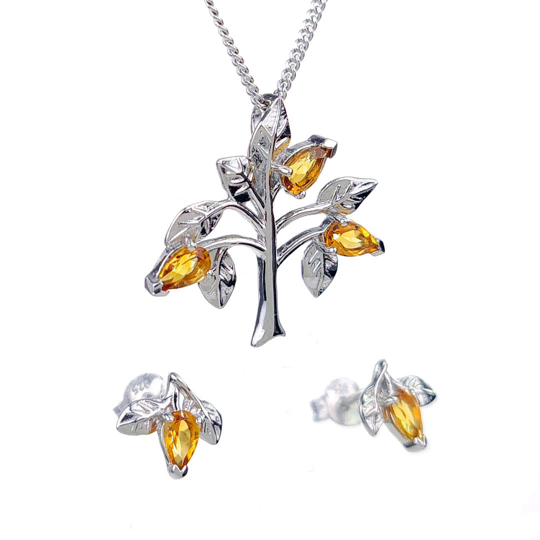 Citrine Necklace Earring Set 1ct Yellow Tree of Life Leaves Silver November Birthstone
