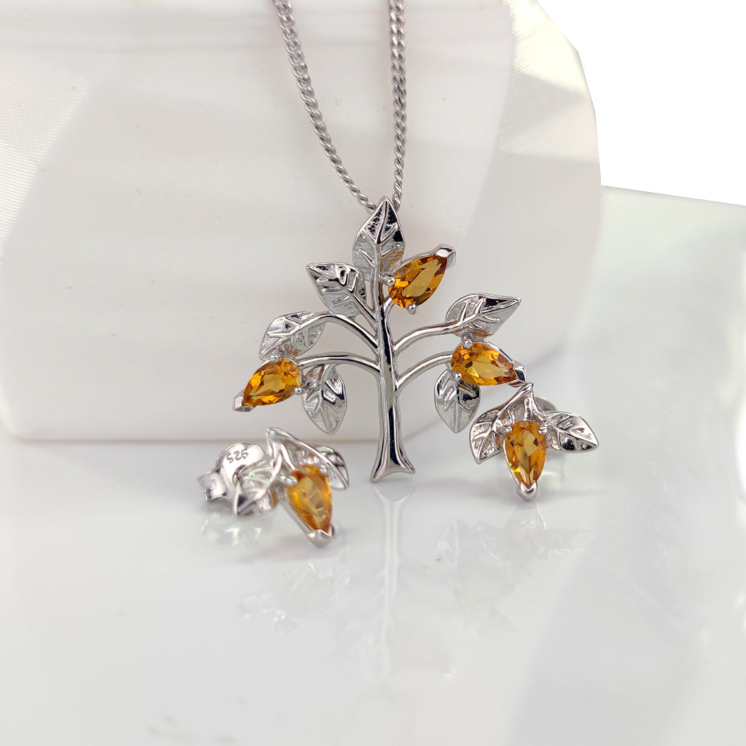 Citrine Necklace Earring Set 1ct Yellow Tree of Life Leaves Silver November Birthstone