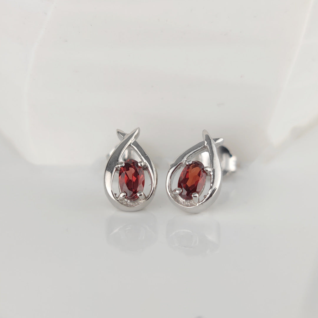 Garnet Earrings 0.5ct Pear Red Twist Studs Silver January Birthstone