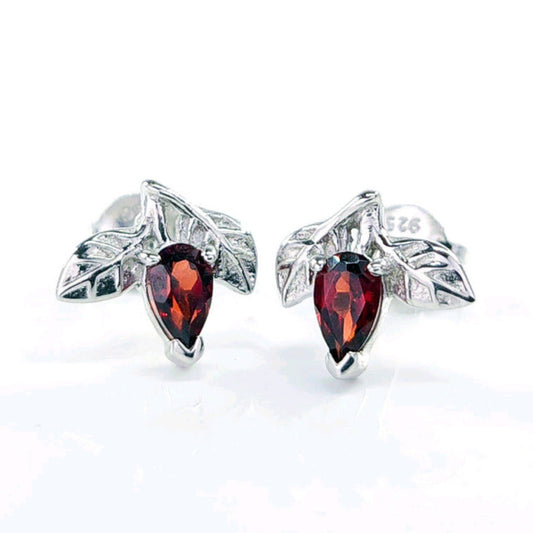 Garnet Earrings 0.5ct Pear Red Leaf Studs Sterling Silver