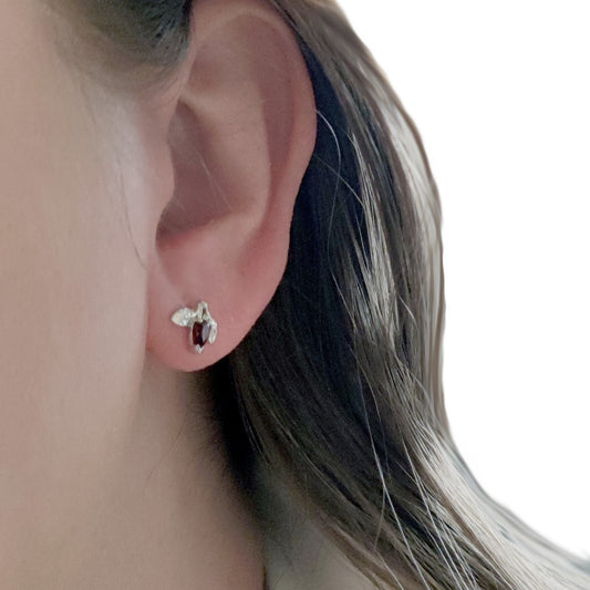 Garnet Earrings 0.5ct Pear Red Leaf Studs Sterling Silver