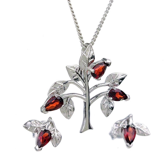 Garnet Necklace Earring Set 1.25ct Pear Red Tree of Life Leaves Sterling Silver