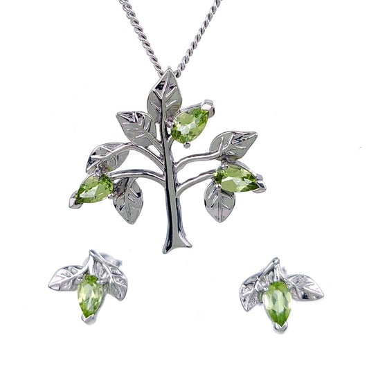 Peridot Necklace Earring Set Tree of Life Leaves