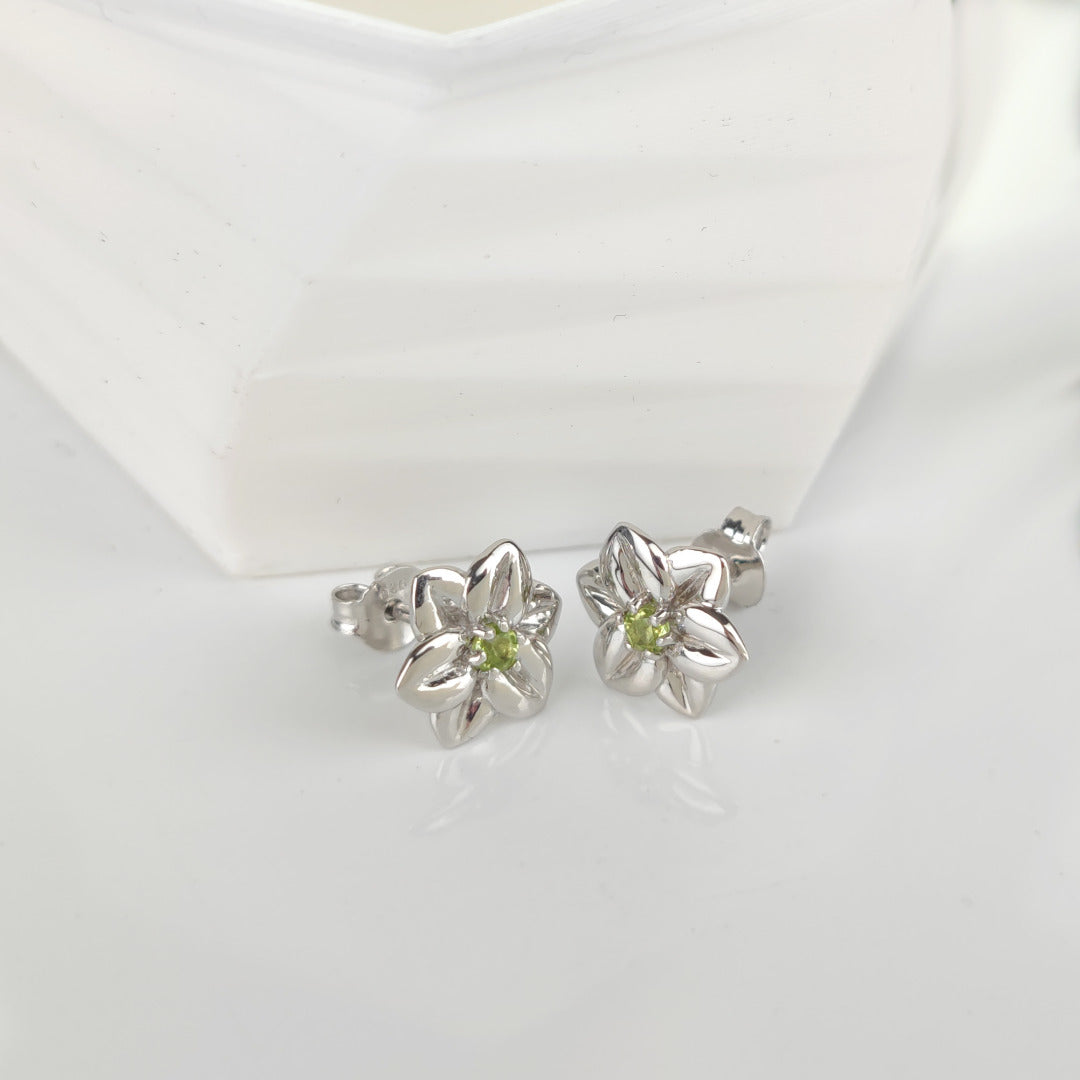 Peridot Flower Earrings 0.14ct Daffodil Green Studs Silver August Birthstone