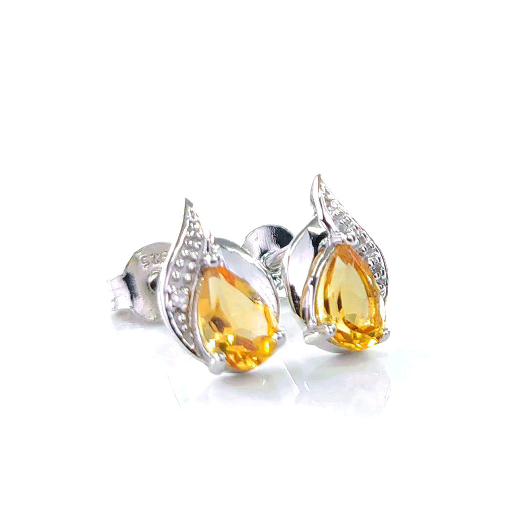 Citrine Earrings Diamond 0.7ct Pear Studs Sterling Silver November Birthstone