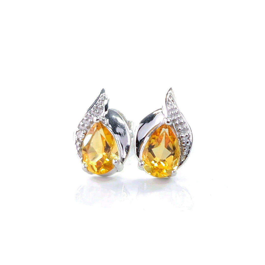 Citrine Earrings Diamond 0.7ct Pear Studs Sterling Silver November Birthstone