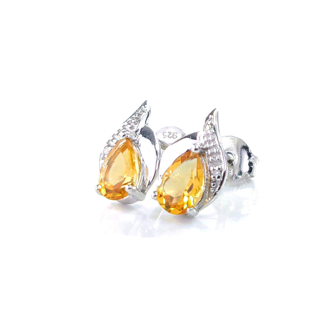 Citrine Earrings Diamond 0.7ct Pear Studs Sterling Silver November Birthstone