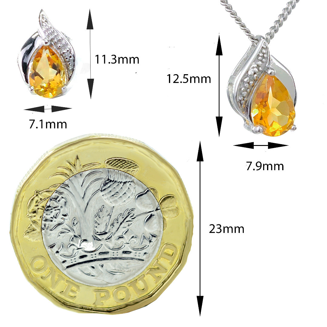 Citrine Earrings Diamond 0.7ct Pear Studs Sterling Silver November Birthstone